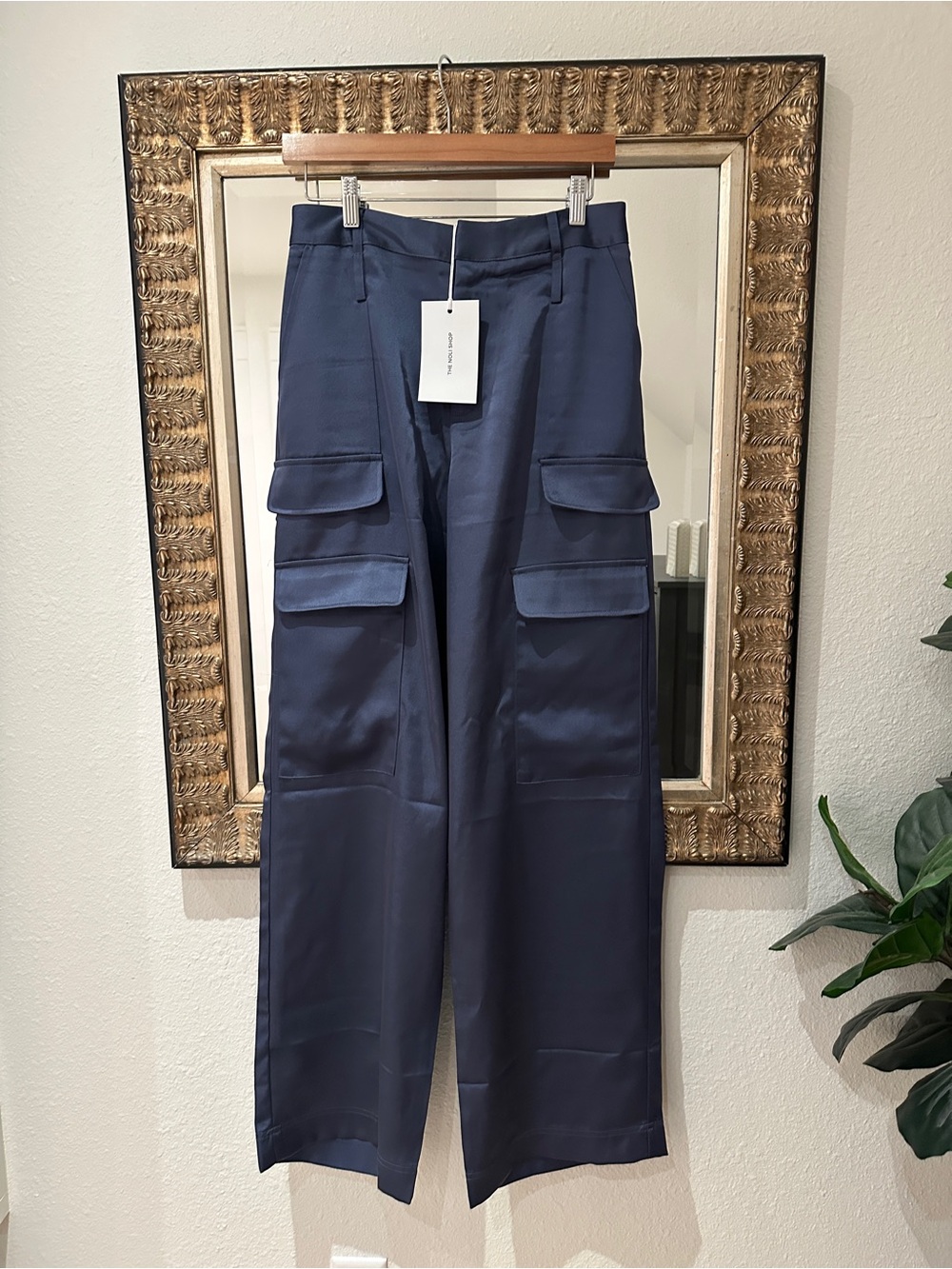 NEW The Noli Shop Blue Satin Utility Pants 6 Wide-Leg Cargo Navy